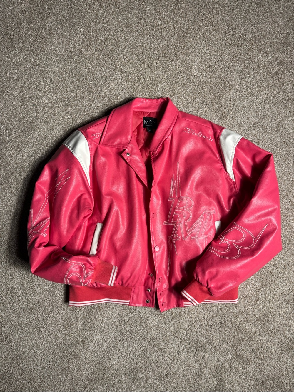 Leather Varsity Jacket - Hot Pink with White Trim